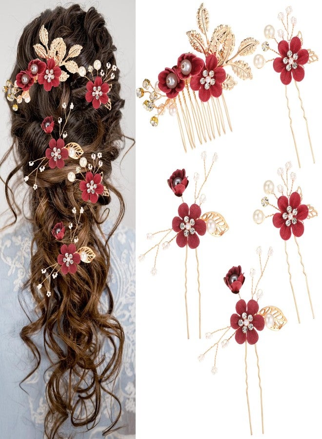 Josojoou 5 Pcs Bridal Flower Wedding Hair Pins Crystal Pearl Rhinestone Burgundy Flower Hair Clips Headpiece Wedding Hair Accessories Jewelry for Brides Bridesmaids Women Girls - Image 1